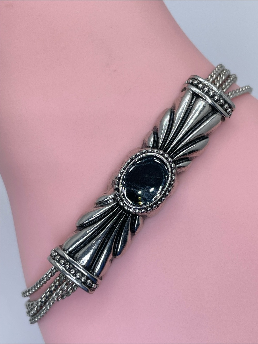 Vintage Napier Silver Tone Black Enamel Multi Snake Chain Bracelet Designer